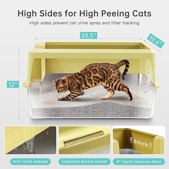 Stainless Steel Cat Litter Box, XL High Sided Open Top Litter Pan, 1 Scoop | Extra Large Litter Box for Big Cats, High Sides, Anti-Urine Leakage, Non-Stick, Odor-Free, Easy Clean, Reduce Litter Tracking
