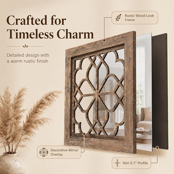 Set of 4 Boho Wall Mirrors with Carved Floral Design, 12x12 Inch Rustic Farmhouse Accent Mirrors, Vintage Style Shatterproof Square Mirror Decor for Living Room, Bedroom，Maroon