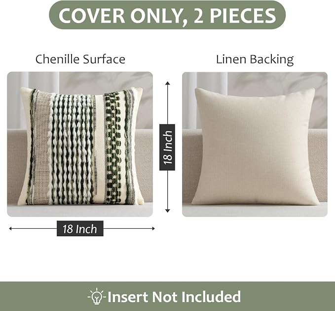 ANRODUO Boho Decorative Pillow Covers Plush Olive Green 18x18 Pack of 2 | Throw Pillow Covers, Soft Plush Tufted Farmhouse Cushion Case, Pillow Covers, Accent Neutral Pillowcase for Sofa Couch Bed