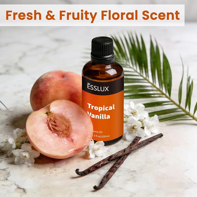 Tropical Vanilla Fragrance Oil, ESSLUX 100ml 3.3 oz Large Single Scented Oils, Aromatherapy Essential Oils for Home for Diffuser, Massage, Soap, Candle Making Scents