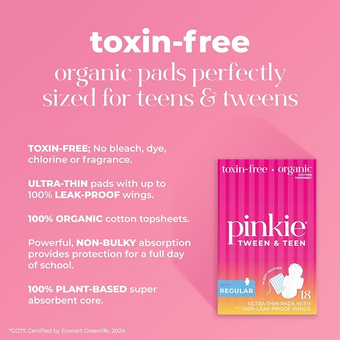 Pinkie Period Starter Pads - Designed for Smaller Underwear - Organic Cotton Topsheet Tween & Teen Pads with Wings - Chlorine Free & Fragrance Free - Teen Regular, 18 Count