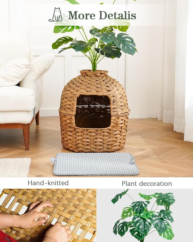 SETVSON Cat Litter Box Enclosure Plant, PE Rattan Kitty House, Natural | Decorative Planter Design, Waterproof Inner PVC Liner, Includes Artificial Plants, Real Stones, Litter Mat, 20x20 Inches