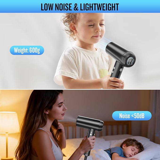 2026 Hair Dryer, 200,000 RPM Professional High Speed Blow Dryer with Diffuser for Women, 1200M Negative Ionic Hair Dryer with Brushless Motor, Low Noise Hair Blow Dryer for Home Travel Salon, Black