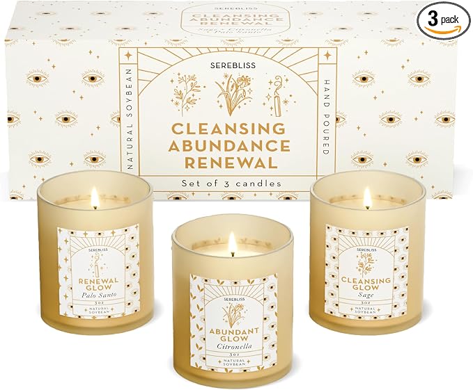 Set of 3 Energy Cleansing & Manifestation Smudge Candles - Palo Santo, White Sage, Citronella - Candle Pack for Home with 45-50 Hour Burn - Soy Wax Aromatherapy Spiritual Gift Set