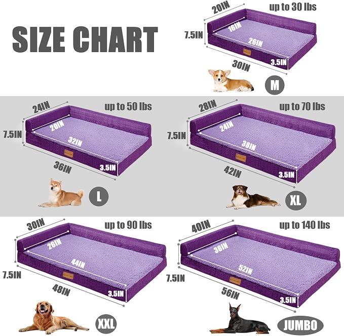 Patas Lague Orthopedic Large Dog Bed Washable Pet Sofa Bed 36''X24''Purple | 2-Sided Bolster Egg-Crate Foam Dog Couch Large Sized Dogs, Waterproof Removable Washable Cover, Nonskid Bottom Pet Crate Mat