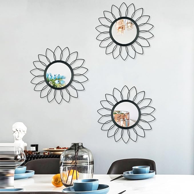 3 Pack Metal Mirrors for Wall Sunburst Wall Mirrors Home Décor Decorative Hanging Wall Art for Living Room Bedroom Entryway (Black, Flowers)
