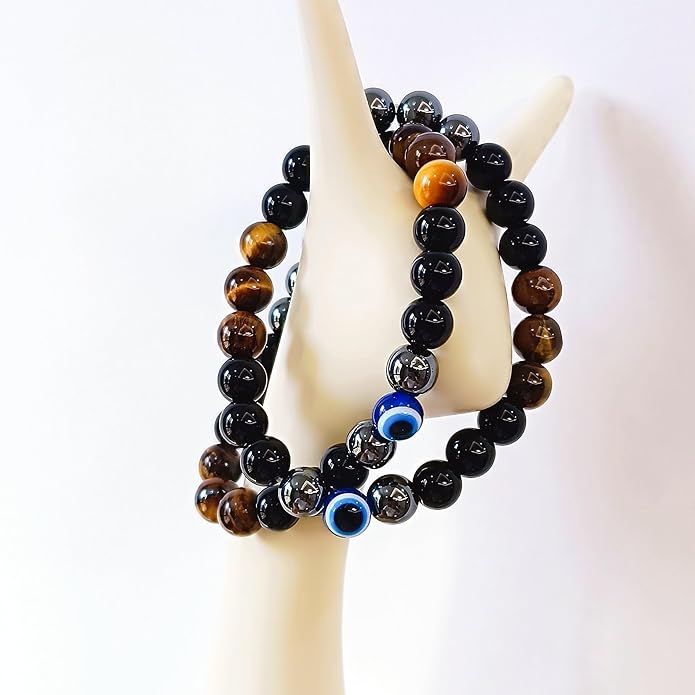 Evil Eye with Hematite Black Obsidian Tiger Eye Stone Triple Protection Bracelets for Men Women, Crystal Healing Stone Bracelet Bring Luck Prosperity and Happiness Jewelry