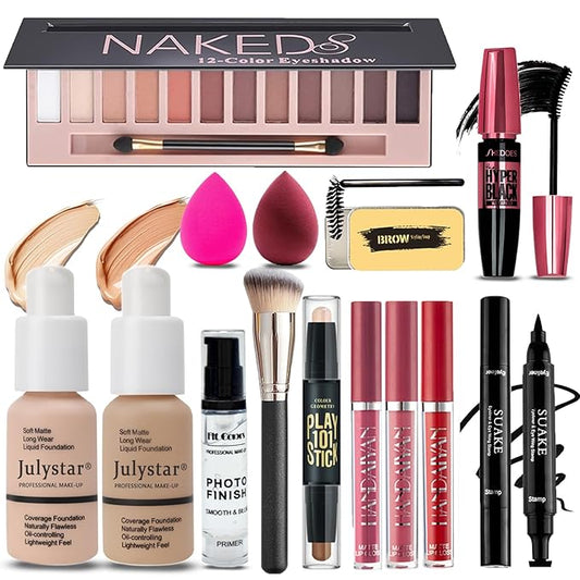 All in One Makeup Kit for Women Full Kit, Makeup Set 12 Colors Eyeshadow, Foundation & Primer, Lipsticks, Eyeliner, Mascara, Contour Stick, Brow Soap, Brush & Sponge, Make Up Gift Set for Women, Teens