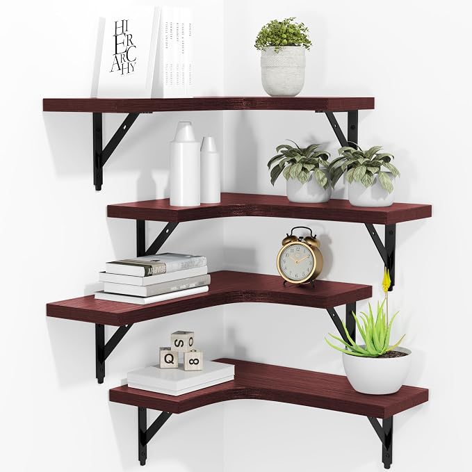 ROMGUAR CRAFT Corner Floating Shelves Wall Mounted Set of 4, Rustic Wood Storage Display Shelves for Home Decor, Bathroom, Kitchen, Bedroom, Living Room, Office (Red)