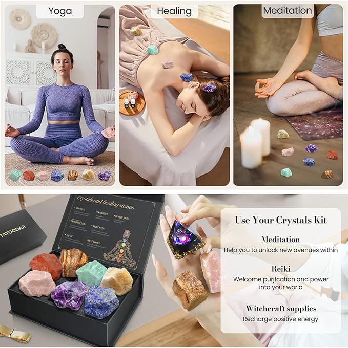 Chakras Crystals and Healing Stones Set with Worry Stones - 7 Chakra Stones, (2-2.5 in) Large Real Raw Crystals Positive Energy for Spiritual Meditation, Birthday Gifts for Women, Valentine's Day Gift