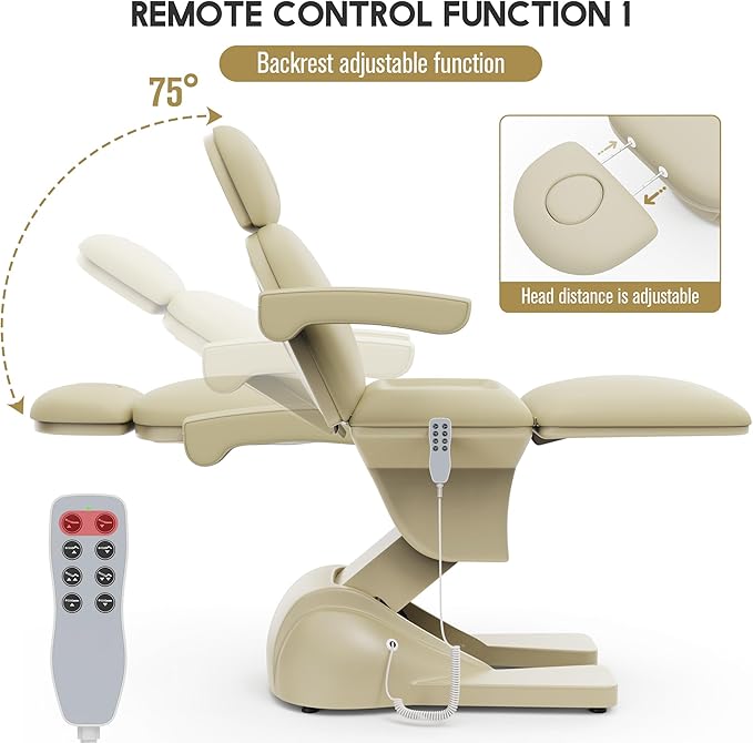 3 Motor Electric Chair/Bed, Aluminum Hydraulic System for Medical Treatment Exam, Facial, Spa, Eyelash, Tattoo, Podiatry Treatment Beauty Massage, Hand Remote Controlled Adjustable - Beige Gray
