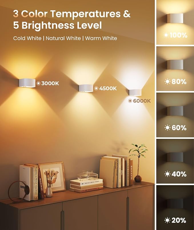 FULEN Motion Sensor Wall Light with Remote Control 3 Colors Wireless Wall Lamp LED Indoor Up and Down Wall Sconce 5000mAh Rechargeable Battery Powered Wall Lamps Brightness Adjustable, White 1 Pack