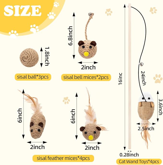 Leitee 16 Pcs Interactive Cat Toys for for Indoor Cats Set, Wooden Cat Wand Toywith Bells Feather Handle Chew Rope Mouse Sisal Balls Kitty Toys for Play Chase Exercise (Brown)
