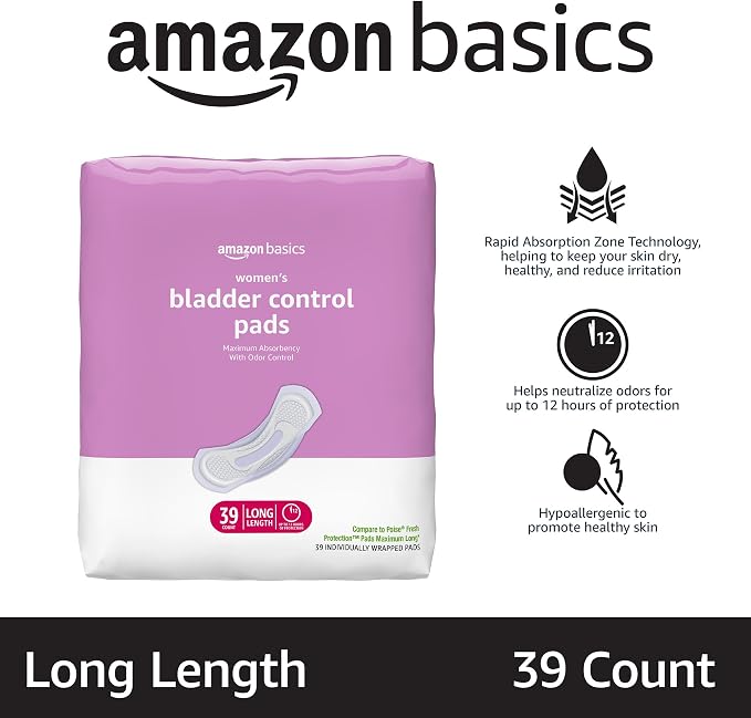 Amazon Basics Incontinence Pads for Women, Postpartum, Long, Maximum Absorbency, Bladder Control, Unscented, 39 Count