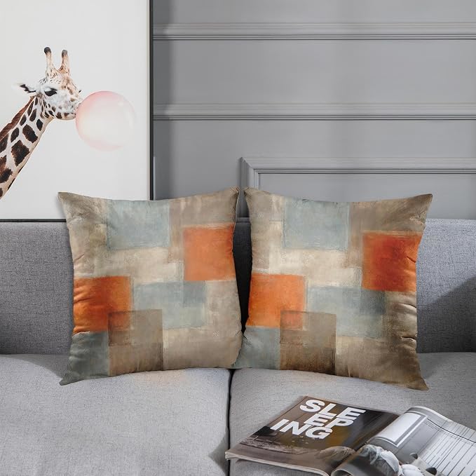 Throw Pillow Covers Set of 2, 16 x 16 Inch, Grey Burnt Orange | Abstract Modern Art Outdoor Decorative Square Pillow Cases Couch Cushion Case for Couch Bed Sofa Living Room Home Decor