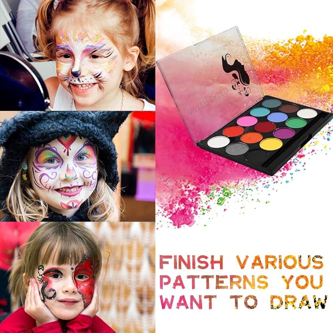 Face Paint Kit - 15 Vibrant Colors Non-Toxic Washable Makeup for Kids & Adults | Water-Based Halloween, Party, Cosplay | Includes 2 Brushes & Palette