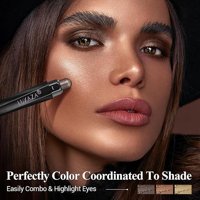 Classic 3PCS Neutral Eyeshadow Stick Makeup Set, Metallic Shimmer Matte Cream Eye Shadow Eyeliner Brightener Pencil Crayon - Golden Glow