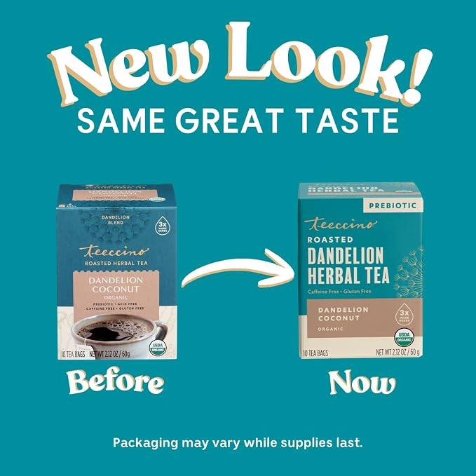 Teeccino Dandelion Coconut Tea - 10 Tea Bags - Caffeine Free, Roasted Herbal Tea with Prebiotics, 3x More Herbs than Regular Tea Bags, Gluten Free