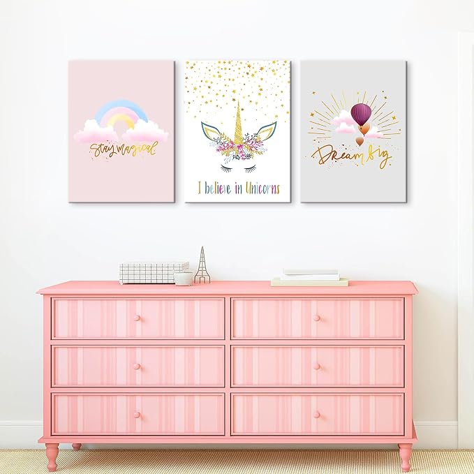 Colorful Unicorn Wall Art for Girls Bedroom Pink Unicorn Poster Pictures 3 pcs Motivational Rainbow Hot Air Balloon Cartoon Unicorns Paintings for Teen Girl Women Nursery Bathroom Decor 16"x24"