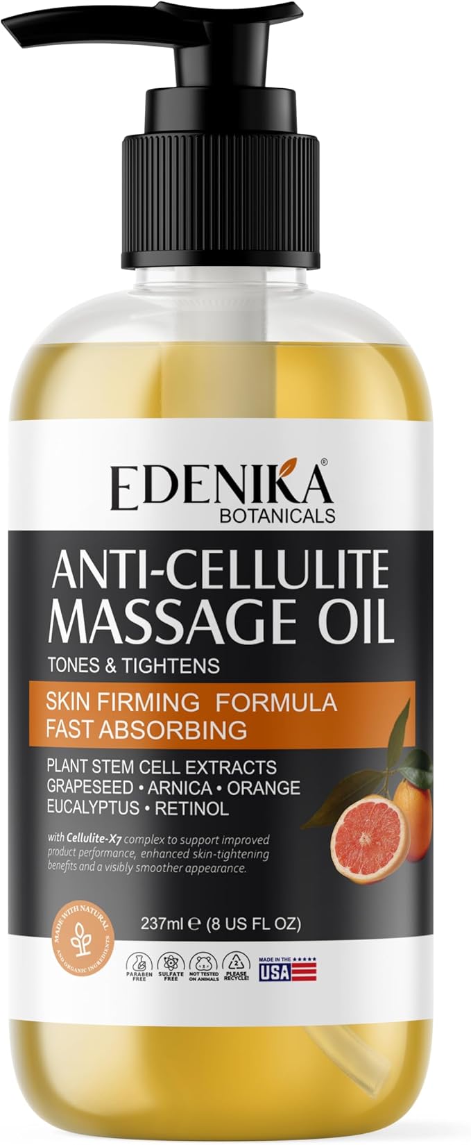 EDENIKA BOTANICALS Firming Anti Cellulite Massage Oil, Grapeseed Oil, Caffeine, Plant Stem Cells & Retinol, Supports Tighter, Smoother-Looking Skin on Body, Legs, Thighs & Buttocks, 8 Fl Oz
