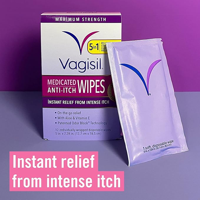 Vagisil Anti-Itch Medicated Feminine Intimate Wipes for Women, Maximum Strength, Gynecologist Tested, 12 Wipes (Pack of 1)