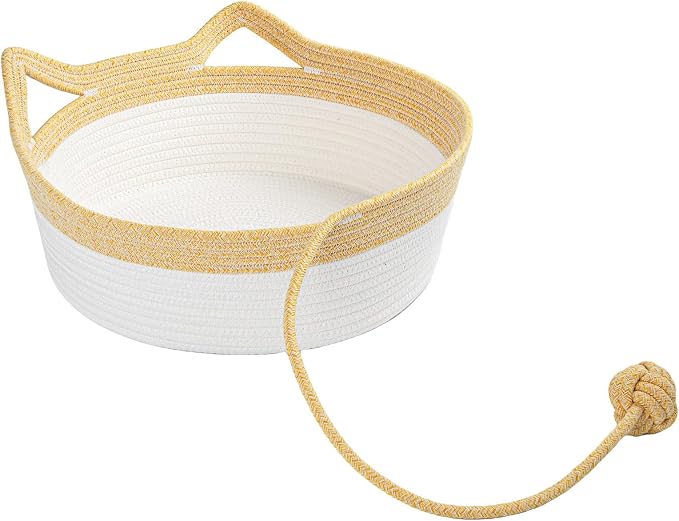 Cotton Rope Woven Cat Bed, Instinct Pet Basket with a Play Ball, Large | Foldable Cat Scratcher Basket for Indoor Cats, Puppies, Rabbits and Small Pets, Yellow & White