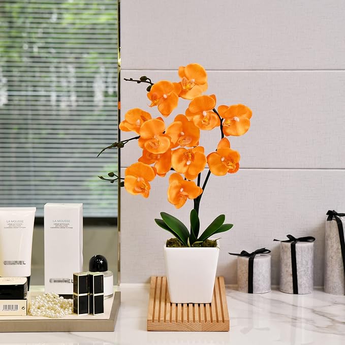 15" Silk Phalaenopsis Orchid in Square Pot, Orange Flower Plant Arrangement | Lifelike Faux Potted Blooms with Moss in a Ceramic Planter. Looks Real, Zero Upkeep, Ideal Centerpiece for Any Table