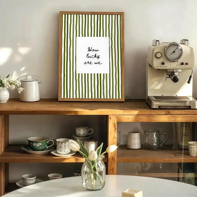 Framed How Lucky Are We Wall Art, Green Striped Pictures Wall Decor, Trendy Inspirational Quote Paintings Canvas Prints Preppy Home Decor for Living Room Bedroom Office Dorm 12x16 inch
