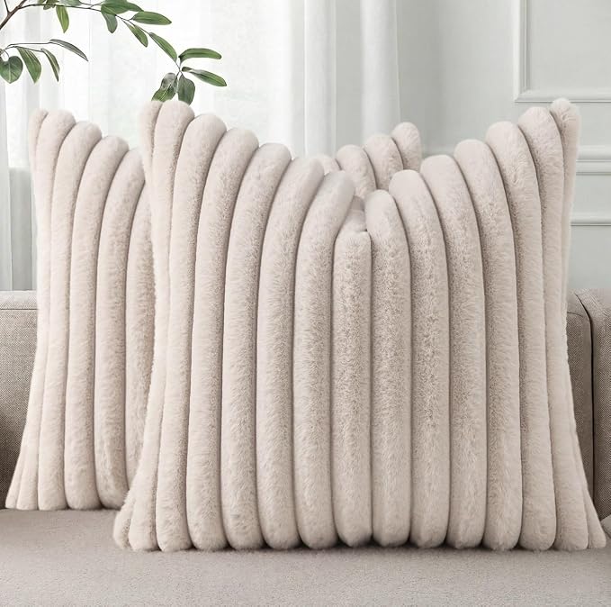 Pallene Faux Fur Decorative Throw Pillow Covers 16x16 Set of 2, Tan | Luxury Plush Texture, Striped Design, Cozy Soft Touch, Modern Home Accent Decor for Couch, Sofa, Bed, Living Room