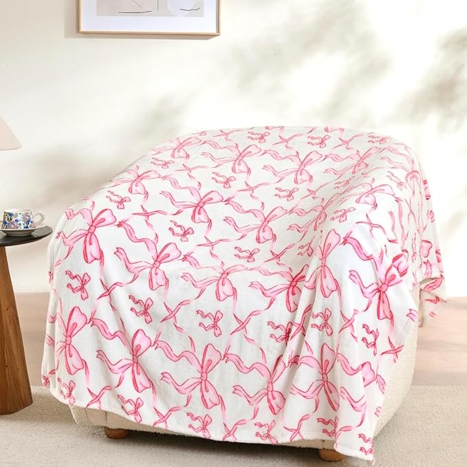 Pink Bow Throw Blanket –Spring Mother's Day Soft Fleece Blanket for Girls and Women, Coquette Aesthetic Room Decor for Bed, Couch, Chair, Preppy Bedroom or Gift, Cute Pink Bow Decor Blanket