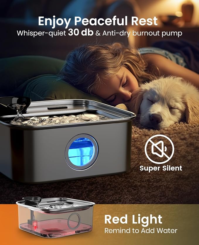 oneisall 10L/2.6Gal Dog Water Fountain for Large Dogs (with 2 Filters) | Deeper & Wider Drinking Area, Visualization Window & Triple Filtration,304 Stainless Steel Dog Water Bowl Dispenser