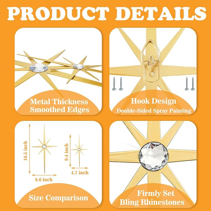 4 Pcs Star Wall Art for Home Decor Living Room Bedroom Office Metal 3D,Bling,with Hanging Hook Starburst Midcentury Sculpture Retro Gallery Accent Celestial -Gold 16.5in/9.4in
