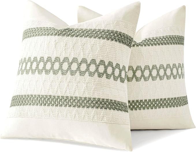 MIULEE Set of 2 Sage Green Boho Decorative Pillow Covers 16x16 Inch | Farmhouse Couch Throw Pillows, Modern Cotton Cushion Covers, Macrame Woven Spring Home Decor for Bed Sofa Chair