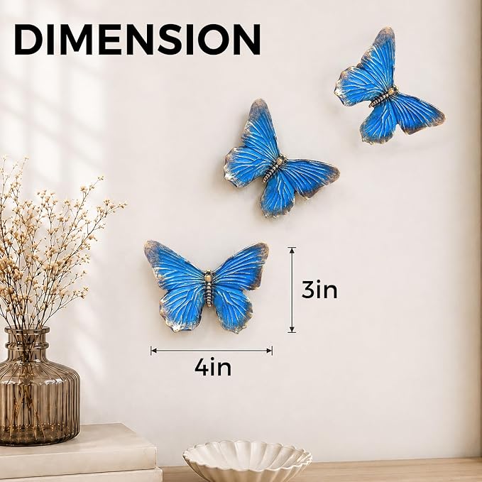 GUSFREUD 3D Butterfly Wall Decor Set – Resin Wall Decor for Living Room, Bedroom, Bathroom, Dining Room, Outdoor and Gallery Walls - Antique Blue - Set of 3