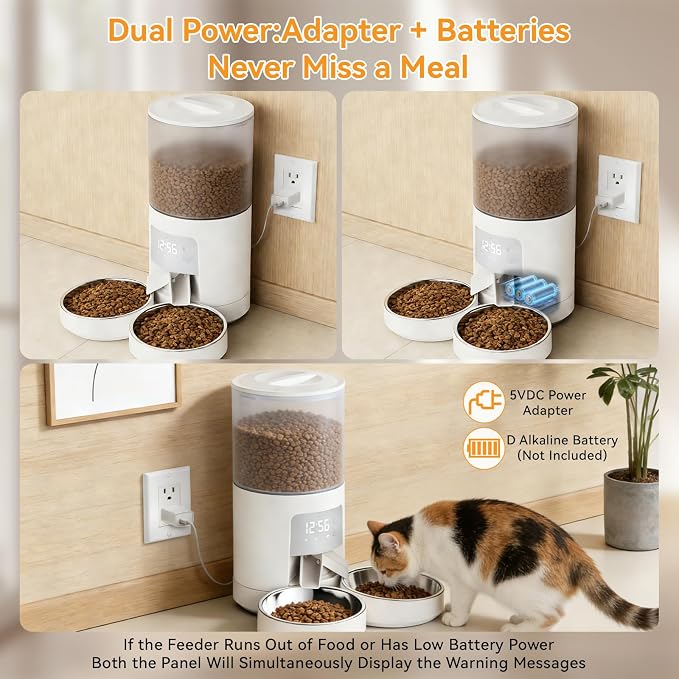 NEWBULIG Automatic Cat Feeder for 2 Cats, 6L Timed Pet Feeders, White | Dual Bowls, 25.3 Cups, 10s Voice Recorder, Dog Food Dispenser for Dry Food, 6 Meals/Day, 50 Portions/Meal, Dual Power Supply