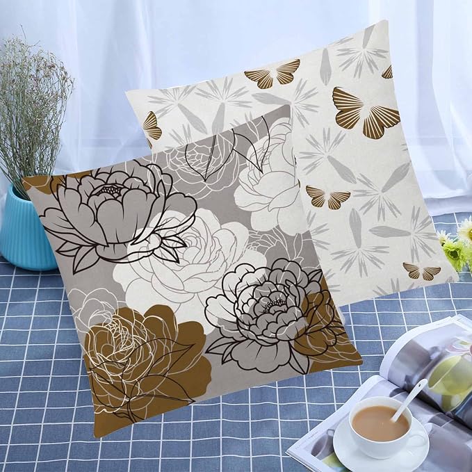 Brown Grey Throw Pillow Covers 20x20 Set of 6, Neutral Floral Home Decor | brown daisy Floral, decorative cushion cover, Breathable Linen, large Throw Pillow Size, modern Couch Sofa Living Room