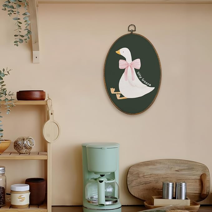LKETW Coquette Pink Bow Silly Goose Oval Wall Art Decor, Dark Green Goose Oval Canvas Hanging Decor, Preppy Farmhouse Animal Wall Decorations for Girly Room Bedroom Dorm Home, 8.6x11.4 Inch