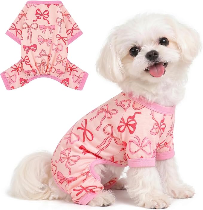 DaFuEn Dog Pajamas for Small Dogs, Soft Stretchy 4 Legs Puppy Jumpsuit, All Season Cozy Pet PJs for Chihuahua Yorkie Teacup Dogs, Cat Clothes (Pink Bow, S)