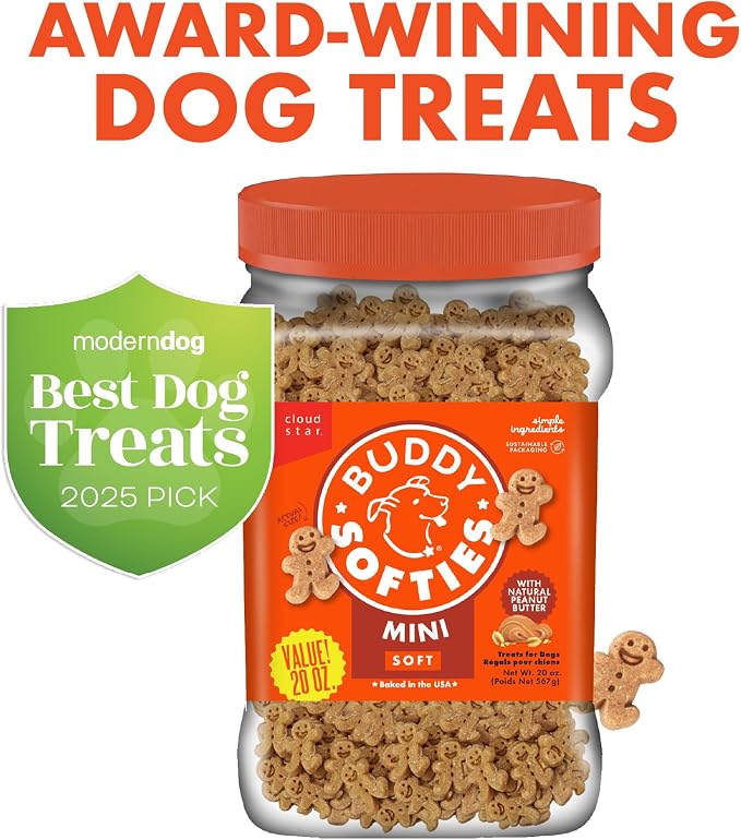 Buddy Softies Soft & Chewy Dog Treats Peanut Butter 20 oz. Jar | All Life Stages, Gingerkid Shape, Minimally Processed, Free of Corn, Soy, Artificial Flavors, Colors and Preservatives