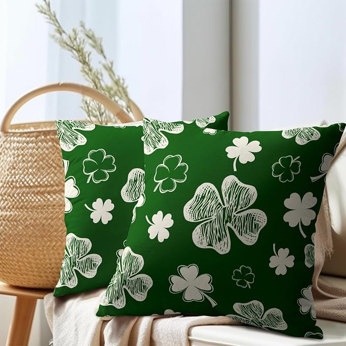 Kawani St Patricks Day Pillow Covers 16x16 Inch Set of 2 Spring Green Shamrock Clover Lucky Pillowcase Cotton Linen Square Cushion Case for Couch Sofa Bed Holiday Decoration