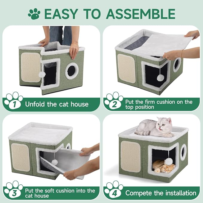 Shikha Cat House Bed for Indoor Cats with Fluffy Ball and Scratch Pad Green | Foldable Large Cat Cave Hideaway with Cozy Condo, Hide and Seek Window, Holds Up to 30LBS, All Season Reversible Cushion