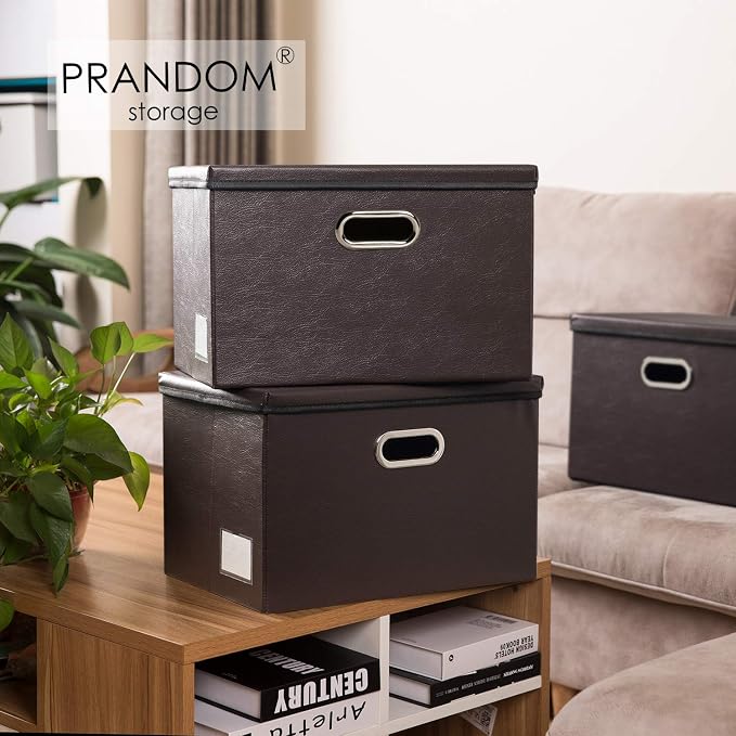 Collapsible Storage Bins with Lids [3-Pack] Leather Fabric Foldable Storage Boxes Organizer Containers Baskets Cube with Cover for Bedroom Closet Office Nursery Brown (14.9x10.8x10)