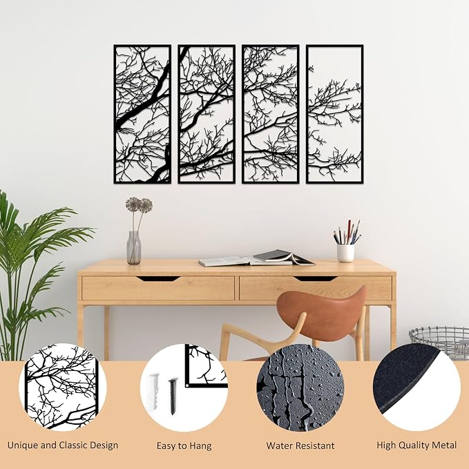 ESTART 4 Pieces Tree of Life Metal Wall Decor, Black Tree Branch Metal Wall Art, Tree Sign Wall Hangings for Home Garden Office Living Room Indoor Outdoor (Large)