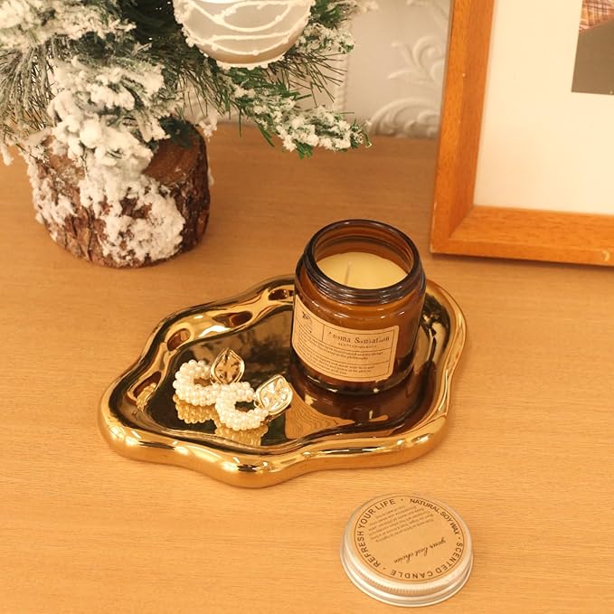 CCINPPY Ceramic Cloud Jewelry Tray Trinket Dish Key Bowl Nightstand Decor | Decorative Small Desk Tray Jewelry Plate Key Holder Bowl Cute Bedroom Room Decor Aesthetic, Gift for Women, Gold Medium