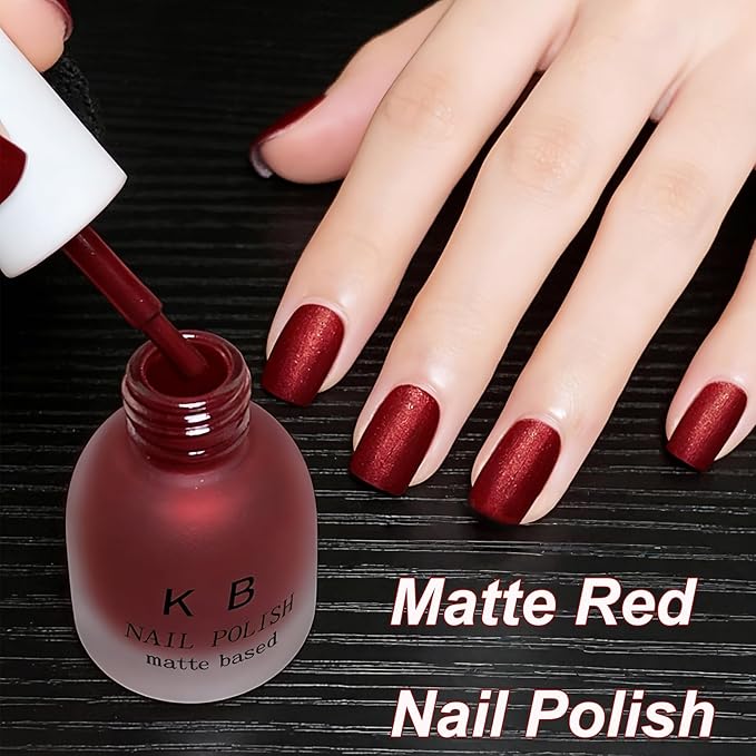 Matte Red Nail Polish Quick Dry, Shimmer Velvet Nail Polish Air Dry, Non Toxic Deep Red Fingernail Color for Women Girls, Ruby Matte Finish