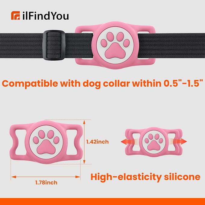 4 Pack IP68 Waterproof Compatible with Air Tag Dog Collar Holder, Silicone Dog Air tag Holder for Apple Air Tag (Black&Pink&Blue&Rosered)