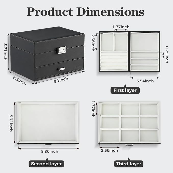 Jewelry Organizer Box, Large Jewelry Boxes for Women Girls, Space-Saving 3 Layers Jewelry Storage Case with Drawer, Movable Metal Stand, Modern, Gift Idea (Black)