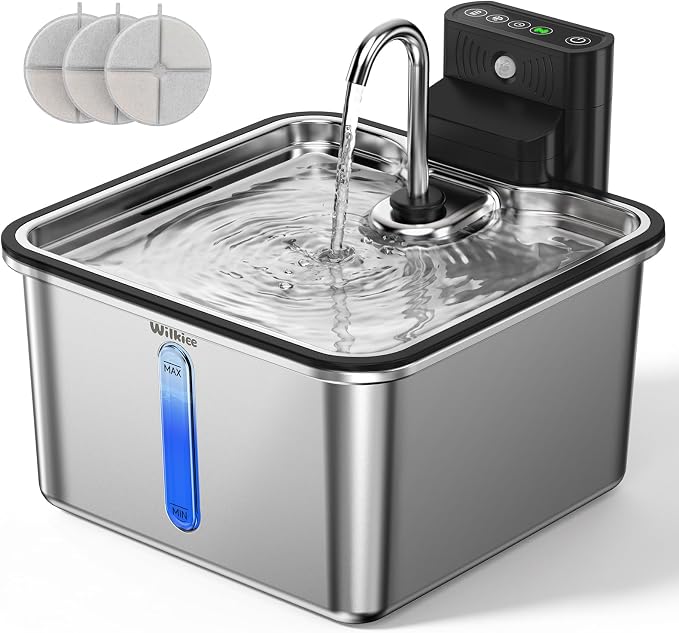 Cat Water Fountain Stainless Steel, 135oz/4L Cordless Pet Fountain for Cat | With 3 Pack Filters; Water & Battery Separation；Faucet Design；Wireless；4000mAh Battery