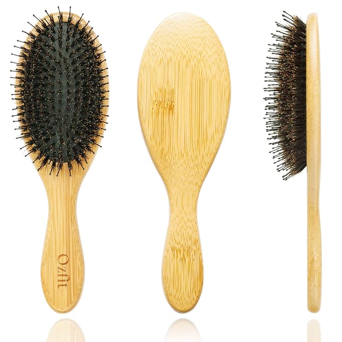 OZFIT Round Hair Brush - Boar & Nylon Bristles for Women, Men & Kids - Smoothing, Massaging & Detangling Wet/Dry Hair - Enhances Shine & Health