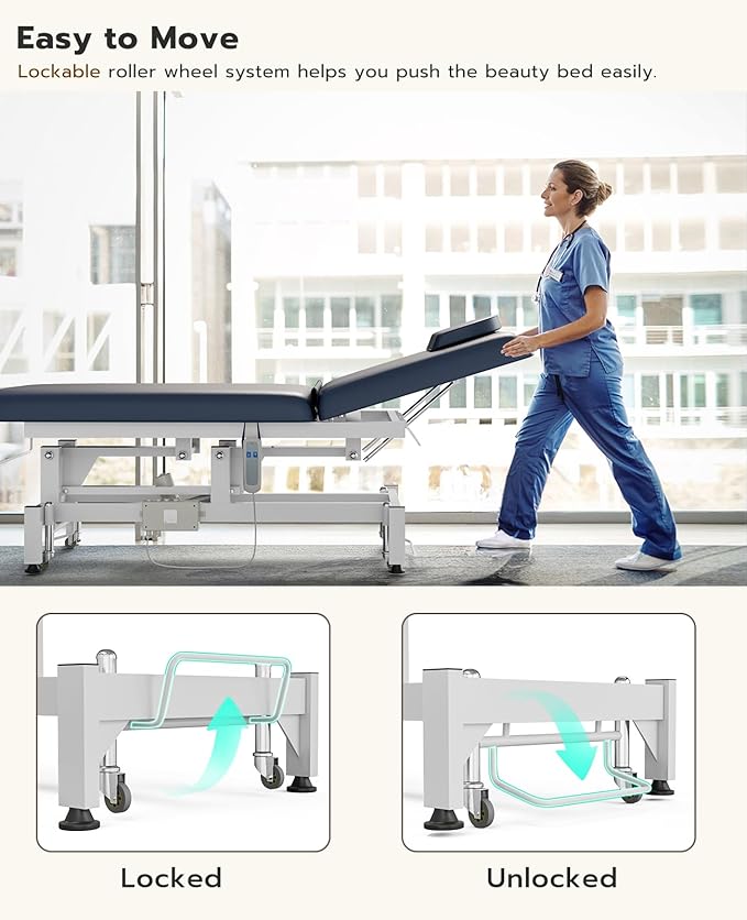 Icoget Electric Lift Massage Table Bed, Professional Facial Beds Treatment Table for Esthetician, Adjustable Backrest Physical Therapy Table, Waxing Beds for Salon, Blue